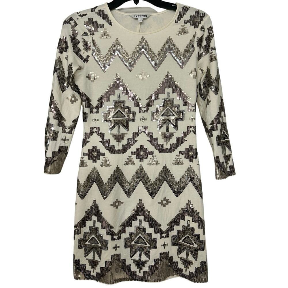 Express Off White Sequin Bodycon Mini Dress Size XS Southwest Print Party